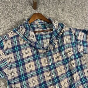 Shah‎ Safari Flannel Shirt Mens Large Blue Plaid Short Sleeve Button Down